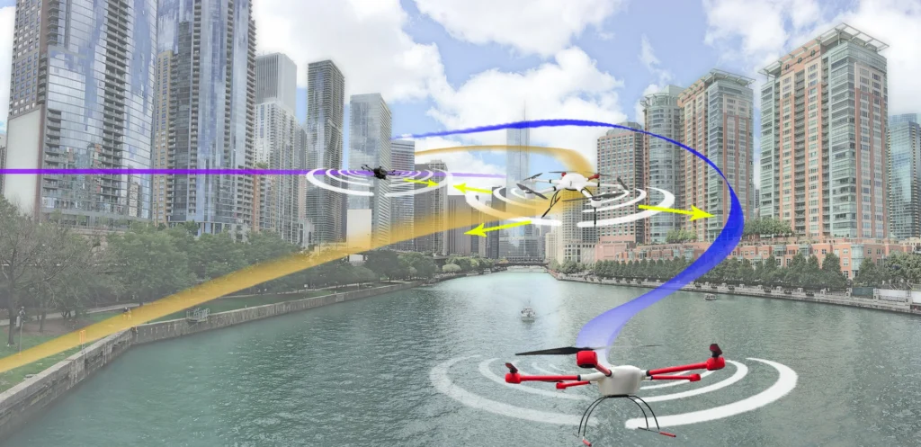Conceptual illustration of UAVs using Sense & Avoid technology to navigate and evade obstacles in an urban environment over a river.