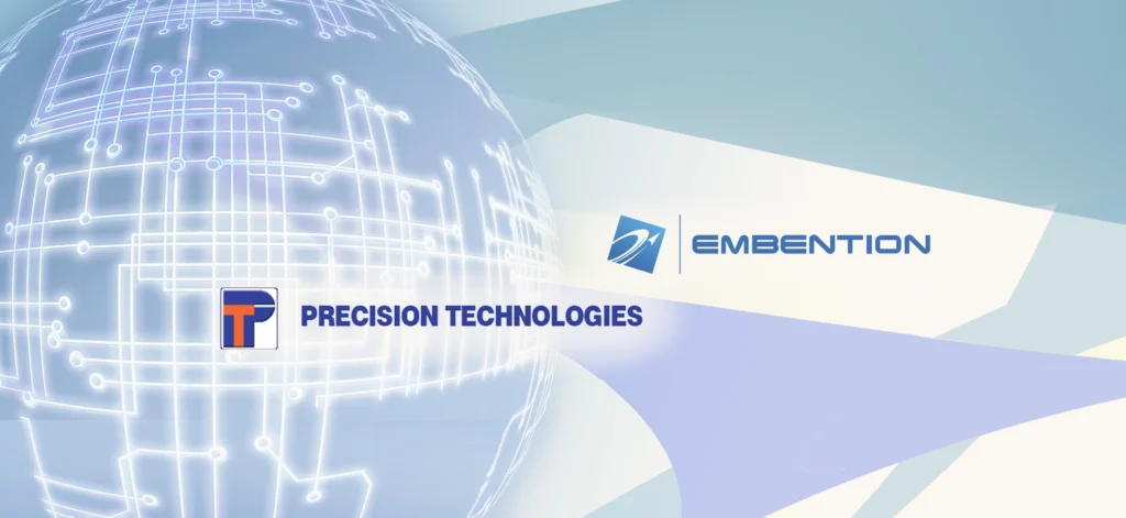 igital graphic of a global network with logos of Precision Technologies and Embention, symbolizing their global partnership in the UAV sector
