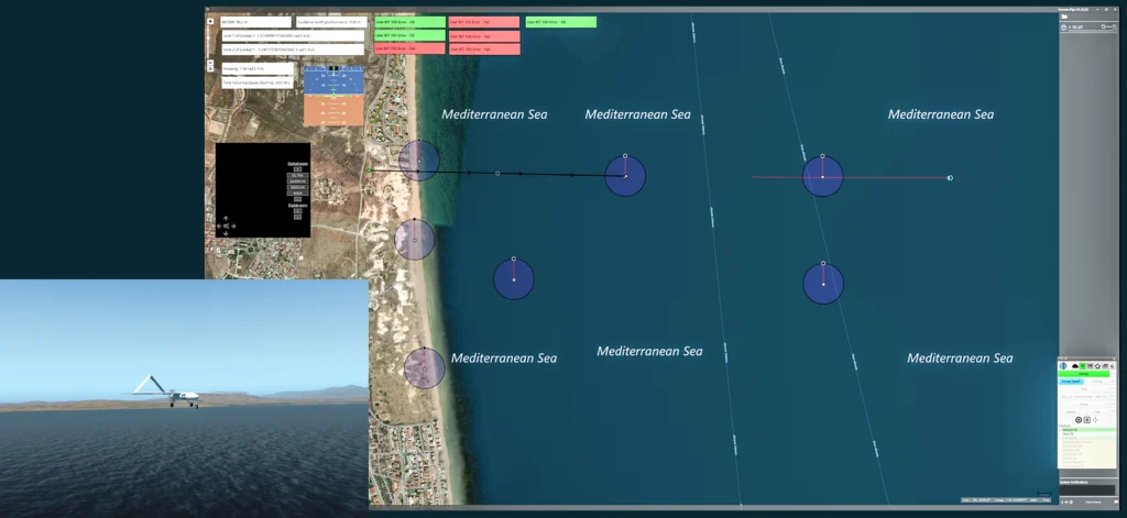 Screenshot of Veronte Autopilot stabilization process, displaying a coastal flight path over the Mediterranean Sea with system interface data, map overlay, and real-time simulation of the aircraft in flight.