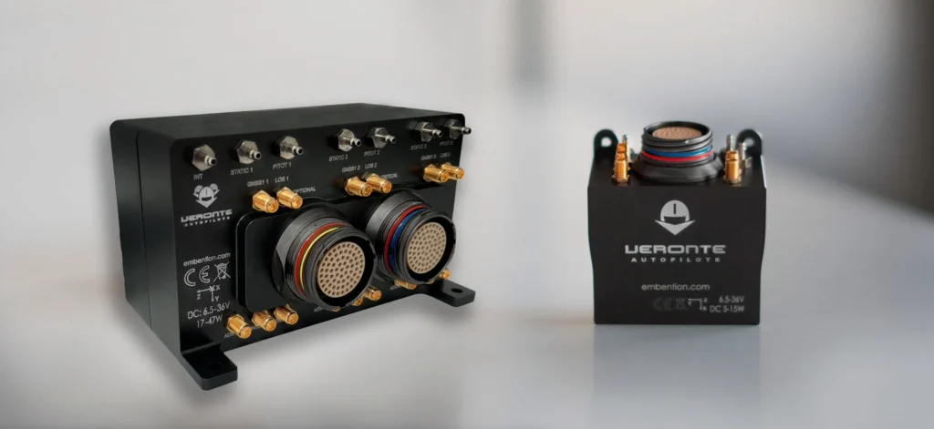 Close-up view of Veronte Autopilot hardware showing detailed connectors and labeling for UAV system integration.