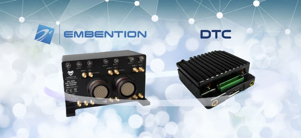 Embention and DTC collaboration featuring advanced UAV data link modules, showcasing network connections and product highlights.