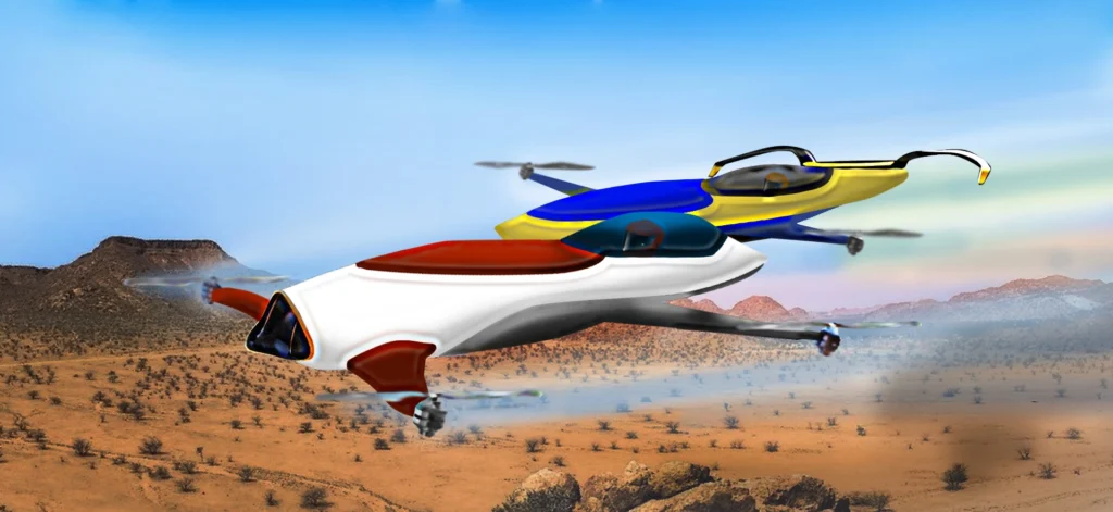 Futuristic air racers flying over a desert landscape, showcasing advanced UAV technology.