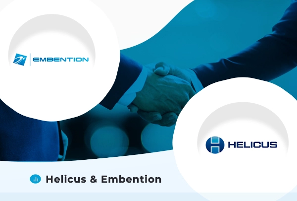 The background of the image is blue and contains a handshake. On the front, in the upper left corner is the Embention logo and in the lower right corner is the Helicus logo, both on white backgrounds.