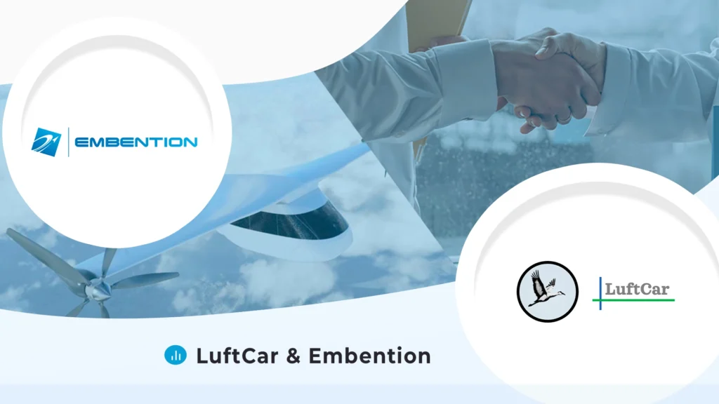 The background of the image, right side are two hands making the gesture of greeting; on the left side, there is an aerial vehicle. At the front of the image, upper left corner, is written "Embention" with its respective logo. In the lower right corner is written "LuftCar" with its respective logo. At the bottom it is written "LuftCar & Embention".