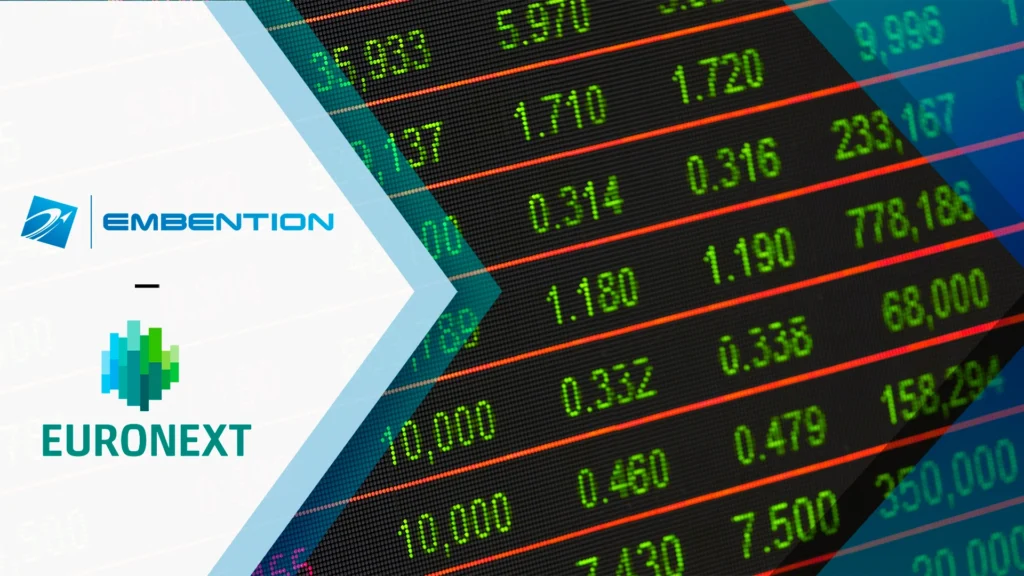 Image of a screen with numbers. On the right side, upper part is written in blue "Embention" with its respective logo. In the lower part is written "Euronext" with its respective logo.