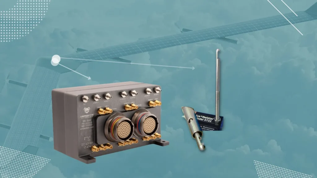 veronte autopilot 4x next to optical sensor's in a blue background and airplane wing.