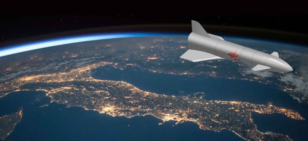 A rocket ship labeled with "DLR" flies above Earth's surface, showing a view of Europe and the Mediterranean Sea from space, with city lights visible at night.
