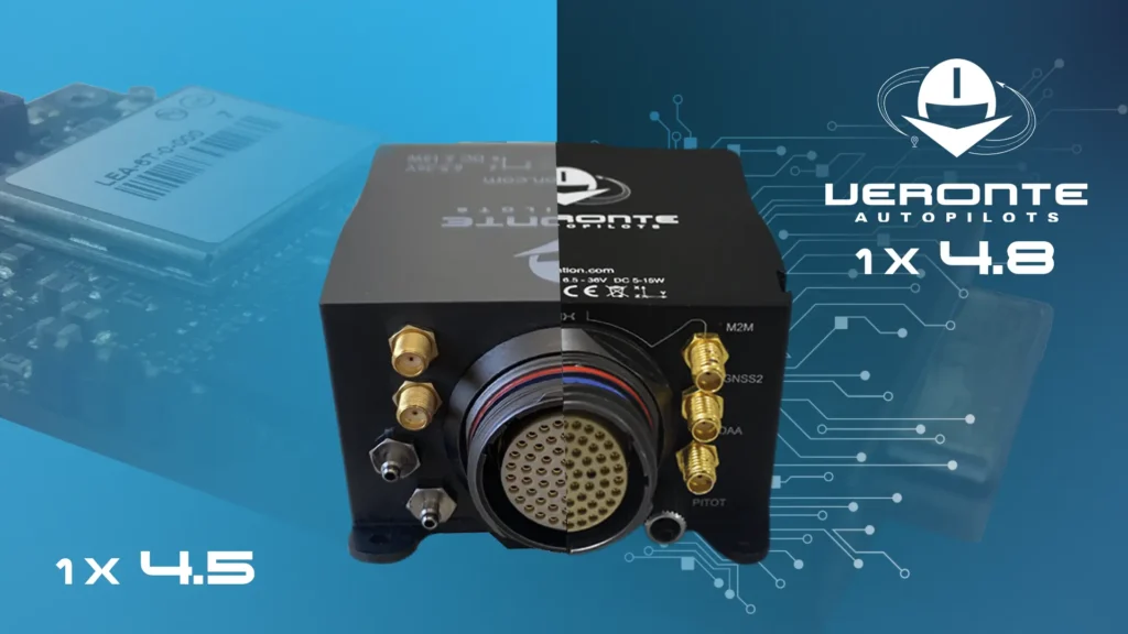 veronte autopilot 1x versión 4.8 sobre un fondo azul y logo veronte autopilots en la  esquina superior derecha