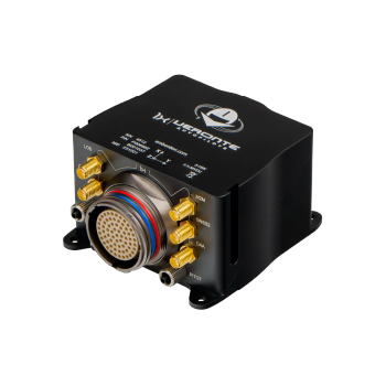 __1x Compact black cube-shaped electronic module with gold-plated ports and a central circular connector, mounted on a base with four screw holes, labeled with various data connection types.
