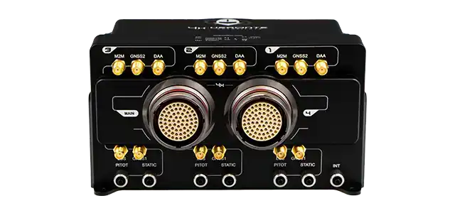 4x-home Dual black electronic modules with gold-plated connectors and two central circular ports, labeled for multiple data connections and configurations
