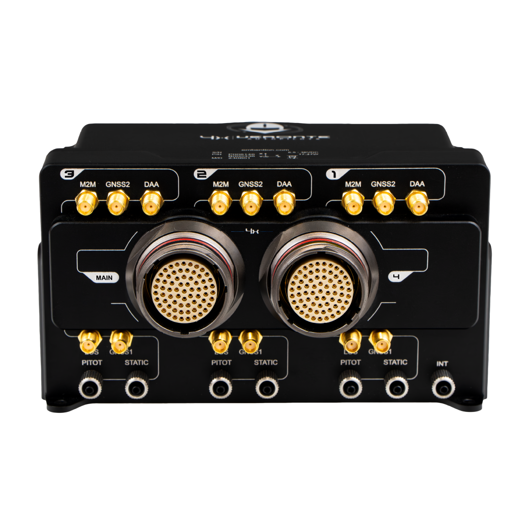 Front view of a black dual electronic module with multiple gold-plated ports and two large circular multi-pin connectors, each clearly labeled for specific data and control functions.