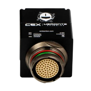 The image shows an aviation-grade circular connector labeled "CEX | Veronte Avionics" from Embention with multiple pins and color-coded indicators.
