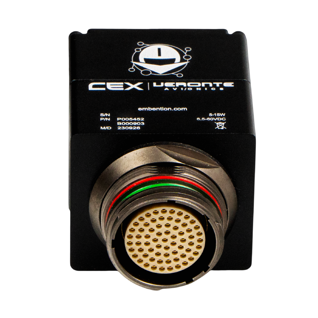 CEX-Portada The image shows an aviation-grade circular connector labeled "CEX | Veronte Avionics" from Embention with multiple pins and color-coded indicators.