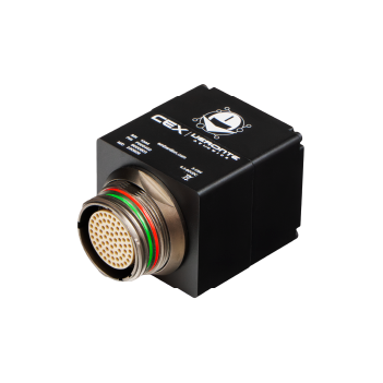 __CEX Small black cube-shaped electronic module labeled 'CEX uAvionix' with a prominent circular multi-pin connector and a colored wiring harness.