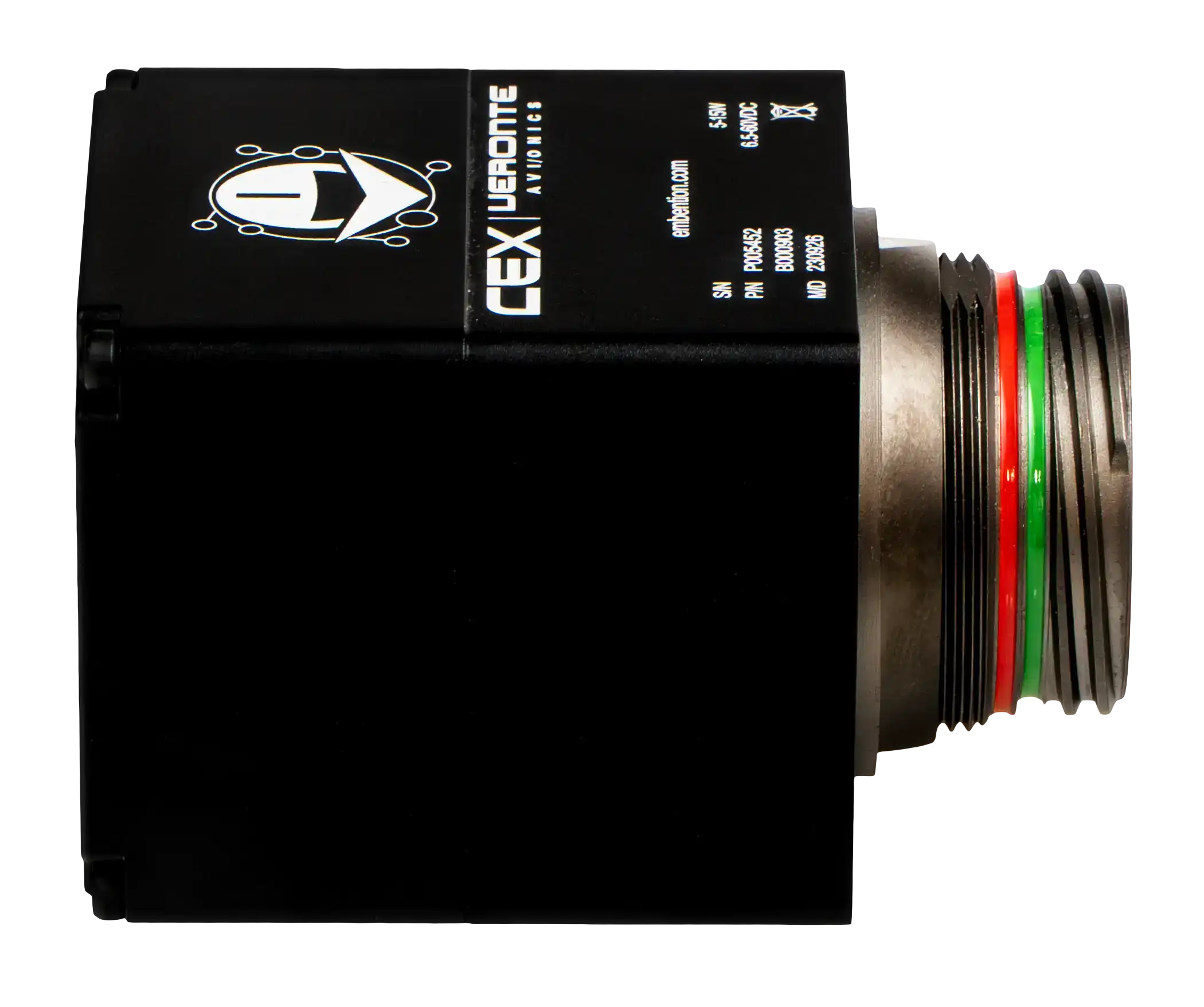 CEX_FotoIzquierdaTexto_01 The image shows an aviation circular connector labeled "CEX | Veronte Avionics" by Embention, featuring multiple pins and color-coded indicators on a metallic interface.