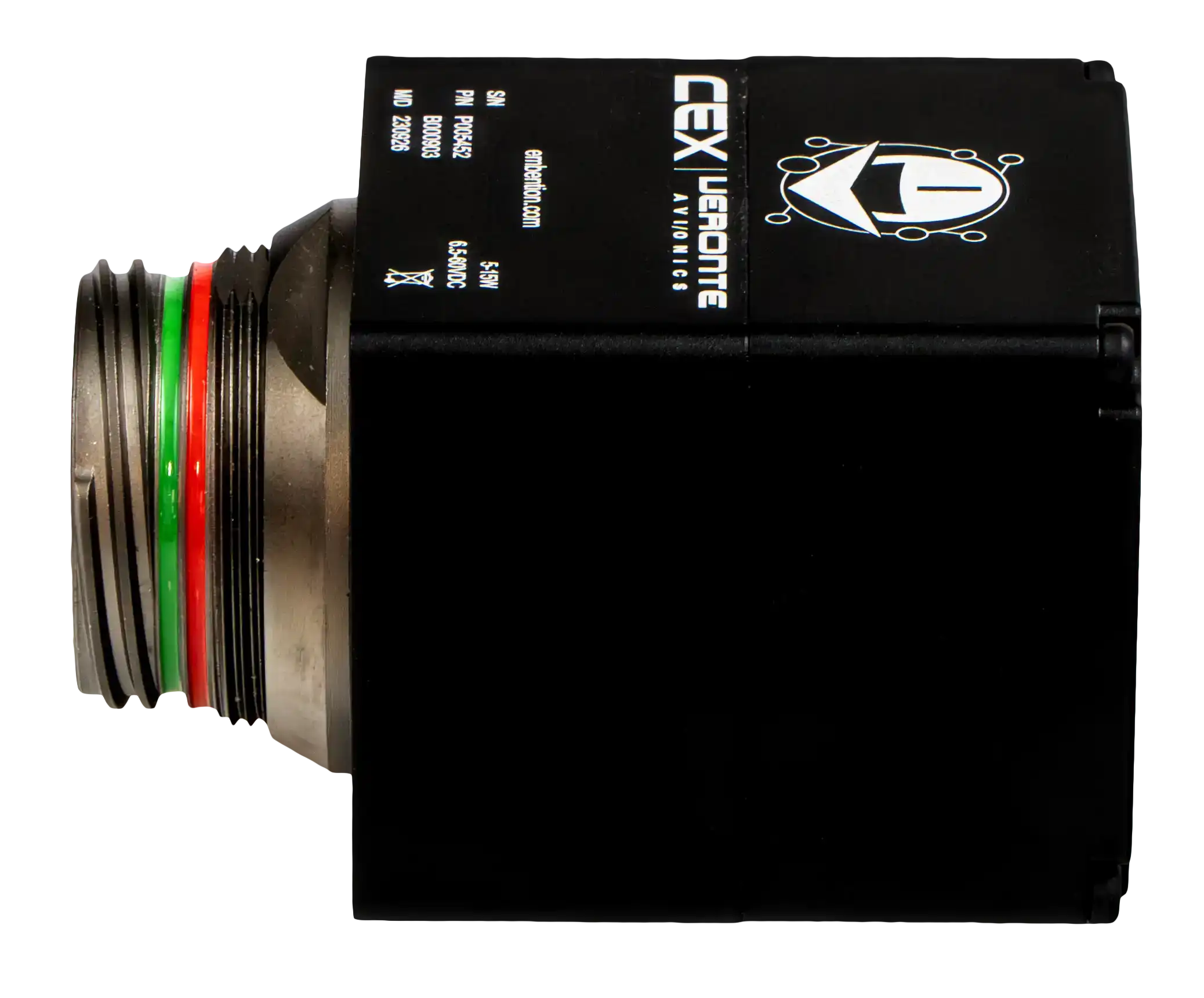 CEX_FotoIzquierdaTexto_02 The image features an aviation circular connector labeled "CEX | Veronte Avionics" by Embention, showcasing a multi-pin design and color-coded rings on a robust metallic interface.