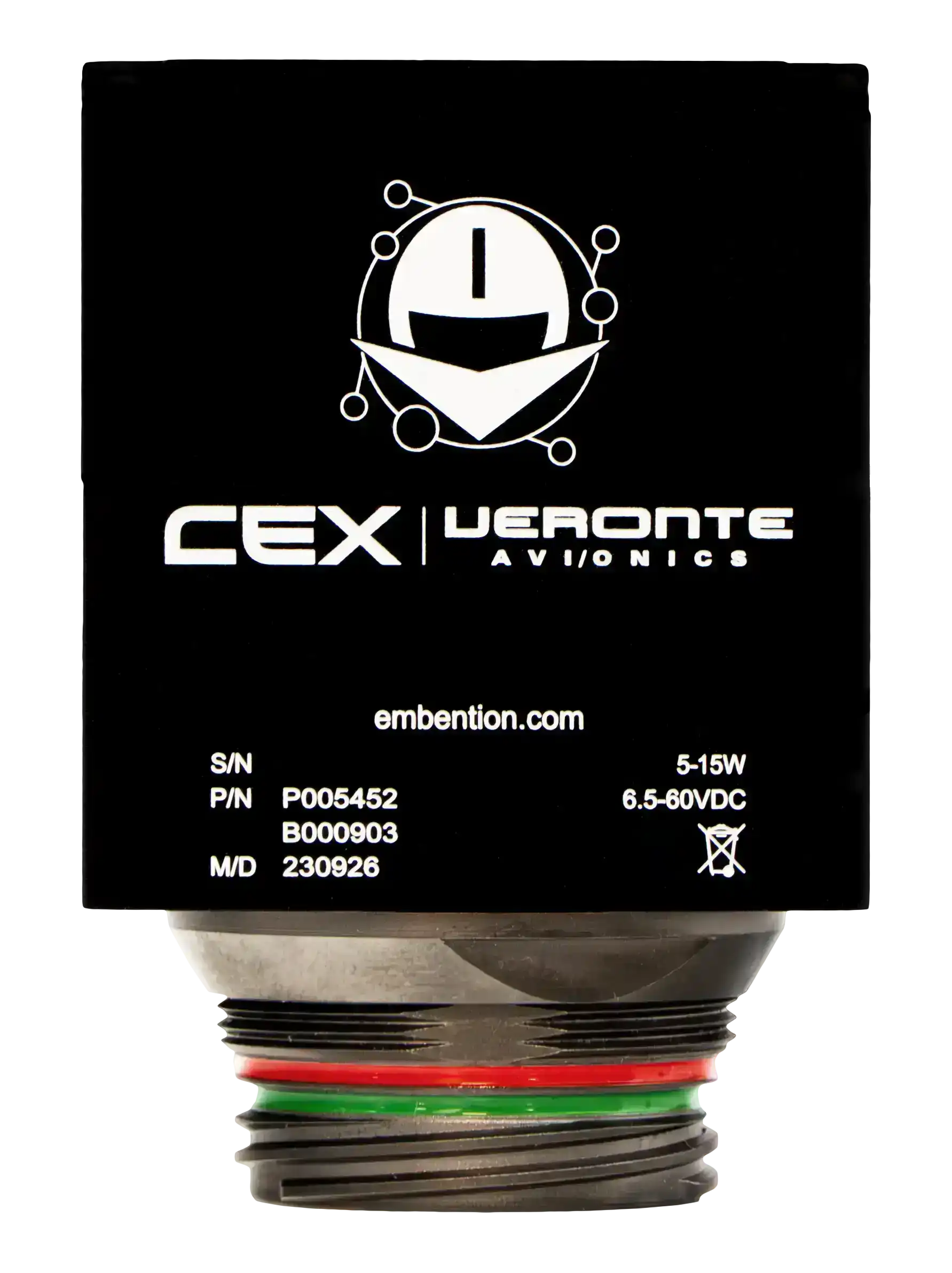 CEX_TresDesplegablesIzquierda The image displays an aviation circular connector labeled "CEX | Veronte Avionics" from Embention, featuring a black design with white labeling and color-coded wiring