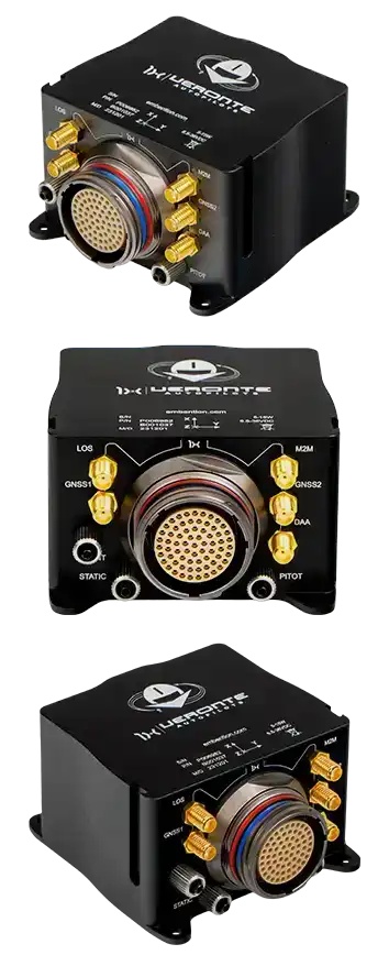 Vertical stack of three black electronic modules, each equipped with gold-plated ports and circular multi-pin connectors, labeled for advanced communication and navigation functions.