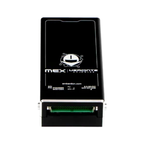 The image displays a rectangular aviation electronics module labeled "MEX | Veronte Avionics" from Embention, with a visible green connector.