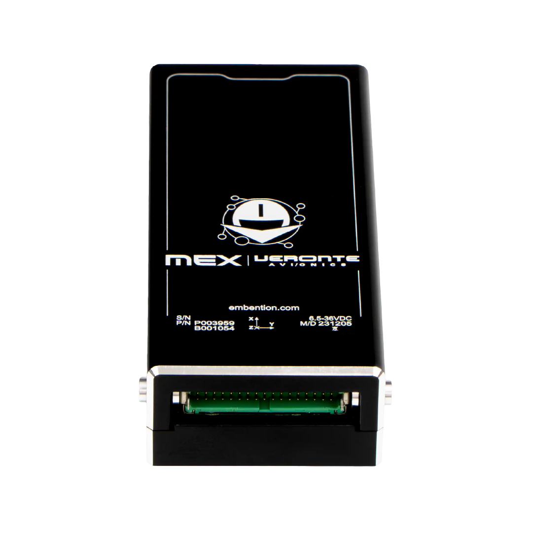 MEX-Portal The image displays a rectangular aviation electronics module labeled "MEX | Veronte Avionics" from Embention, with a visible green connector.