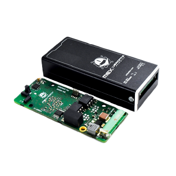 __MEX A black rectangular electronic device alongside its exposed green circuit board featuring various electronic components and connectors, marked with 'MEX Veronte Avionics' branding