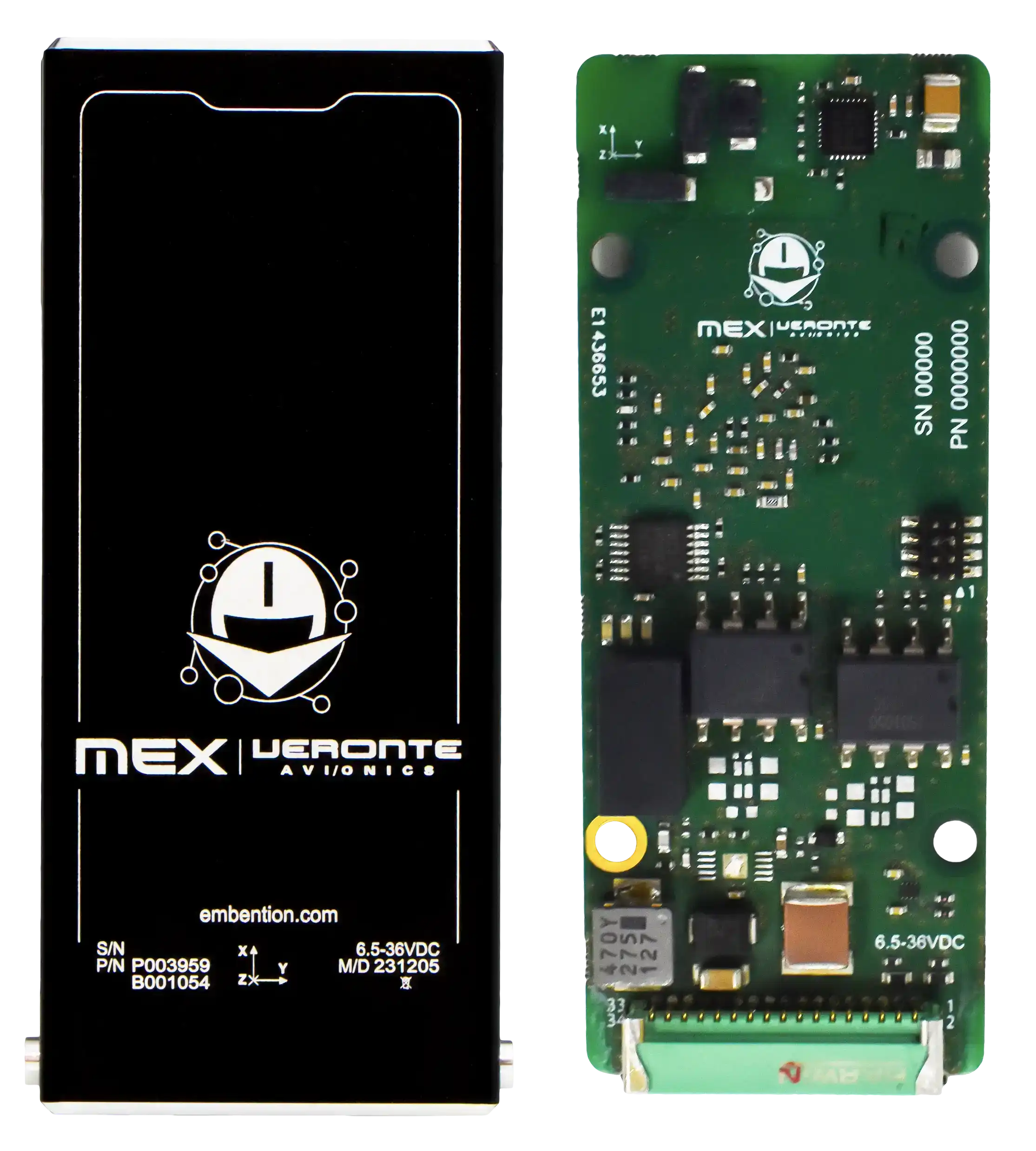 MEX_PhotoLeftTextos The image displays an "MEX | Veronte Avionics" electronics module by Embention, showing both its labeled exterior and exposed internal circuitry.