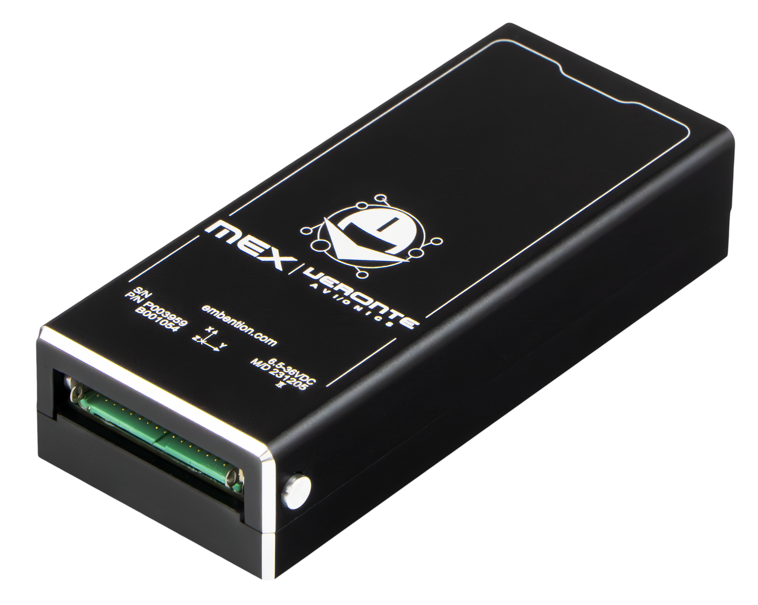 MEX_ThreeDownloadableLeft The image features a black aviation electronics module labeled "MEX | Veronte Avionics" by Embention, showing a green connector on one end.