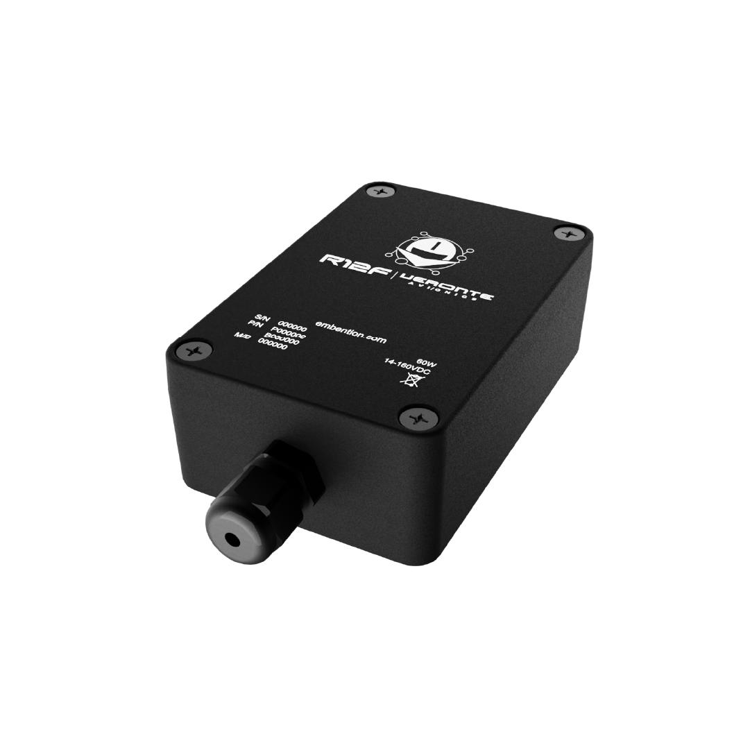 The image shows a compact, black electronics module labeled "R12F | Veronte Avionics" by Embention, featuring a cable connector on one side.
