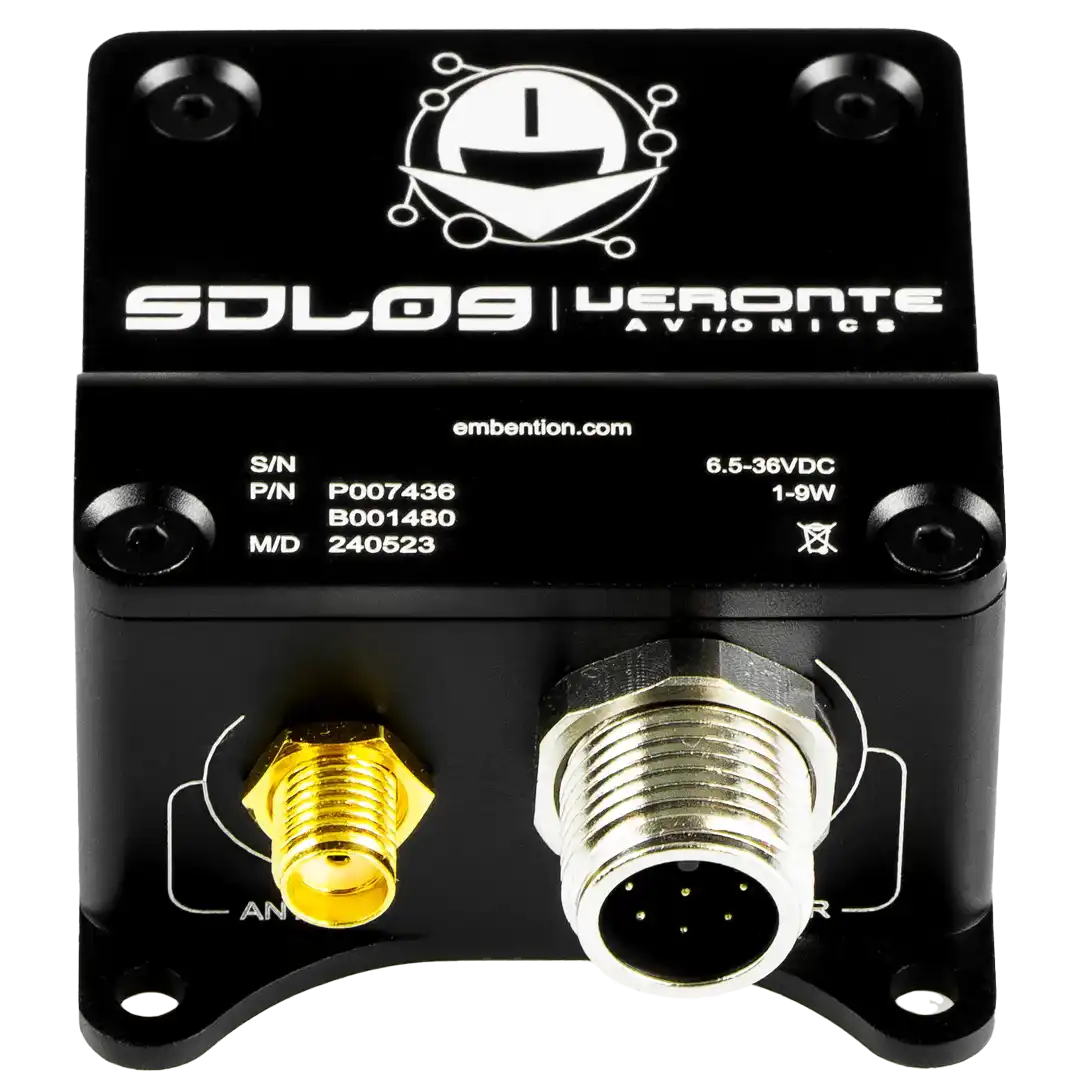 The image displays a black "SDL09 | Veronte Avionics" electronic module by Embention, equipped with gold and silver connectors.
