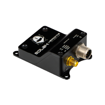 __SDL Black, flat rectangular electronic device labeled 'SDL Avionix' with a gold-plated SMA connector and a silver BNC connector, mounted on a base with screw holes for installation