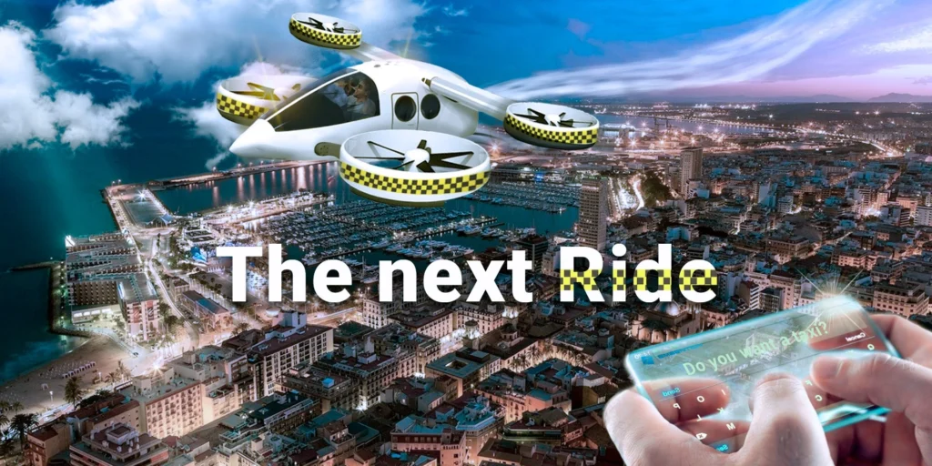 airtaxi flying over a city
