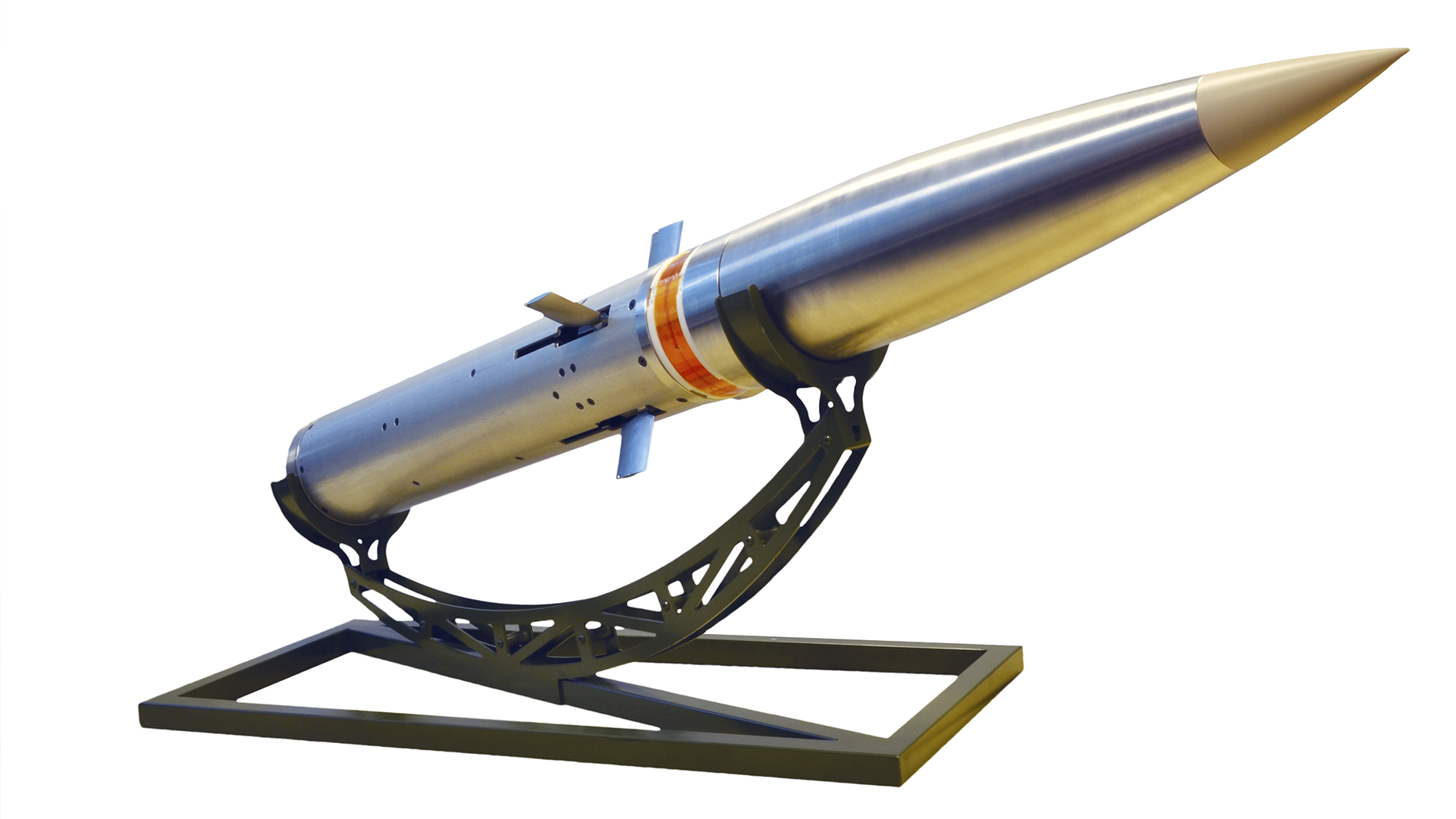 Everis - Miura 2 Close-up of a precision-guided missile displayed on a stand, showcasing its metallic body and aerodynamic design.