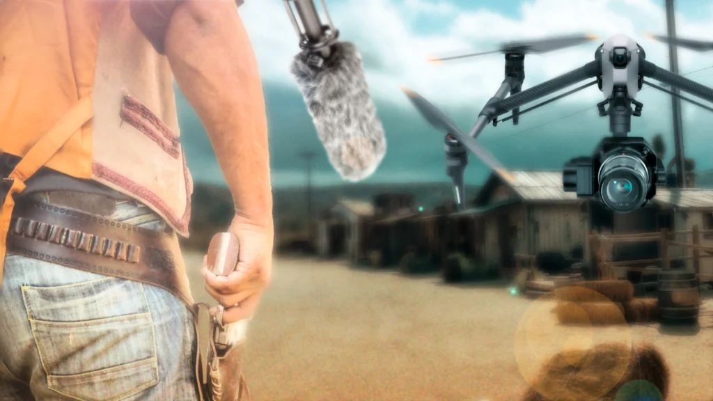 Cowboy in the West with a drone and a film microphone