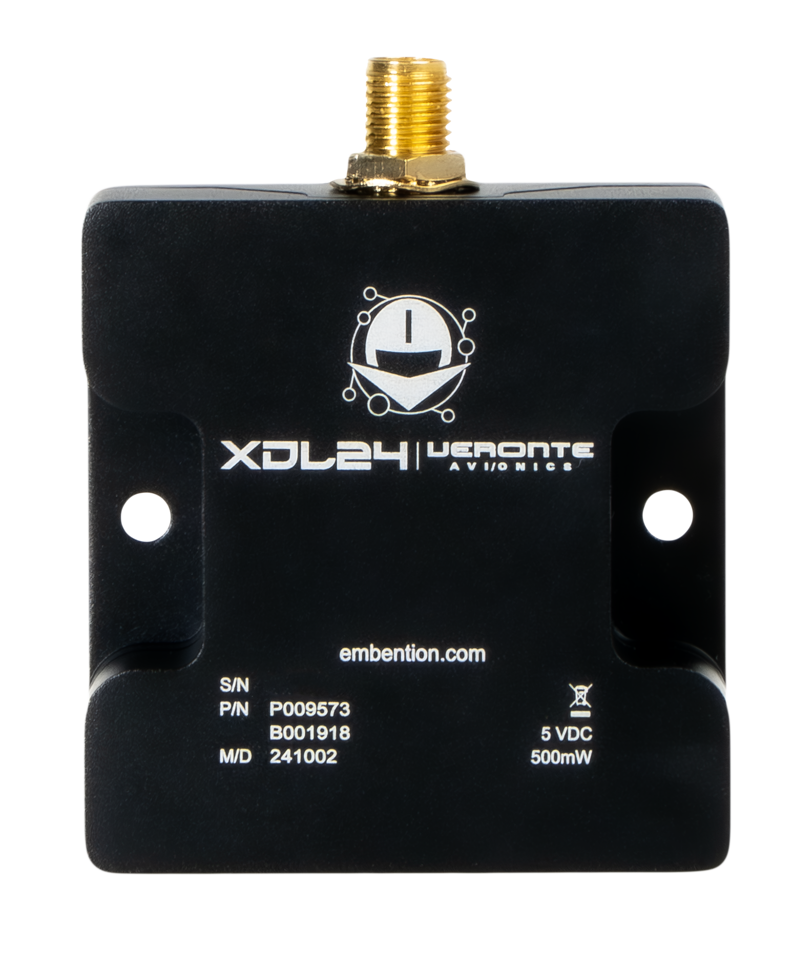 XDL24 Top Close-up of a black cube-shaped electronic module labeled 'Veronte Autopilots' with detailed markings including serial numbers and voltage specifications, set against a dark background